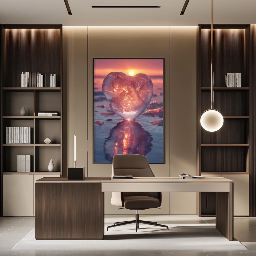 a modern office space with a large framed artwork of a heart-shaped object on the wall, reflecting the warm colors of a sunset. The office features a desk, chair, and shelving units, creating a professional and stylish atmosphere.