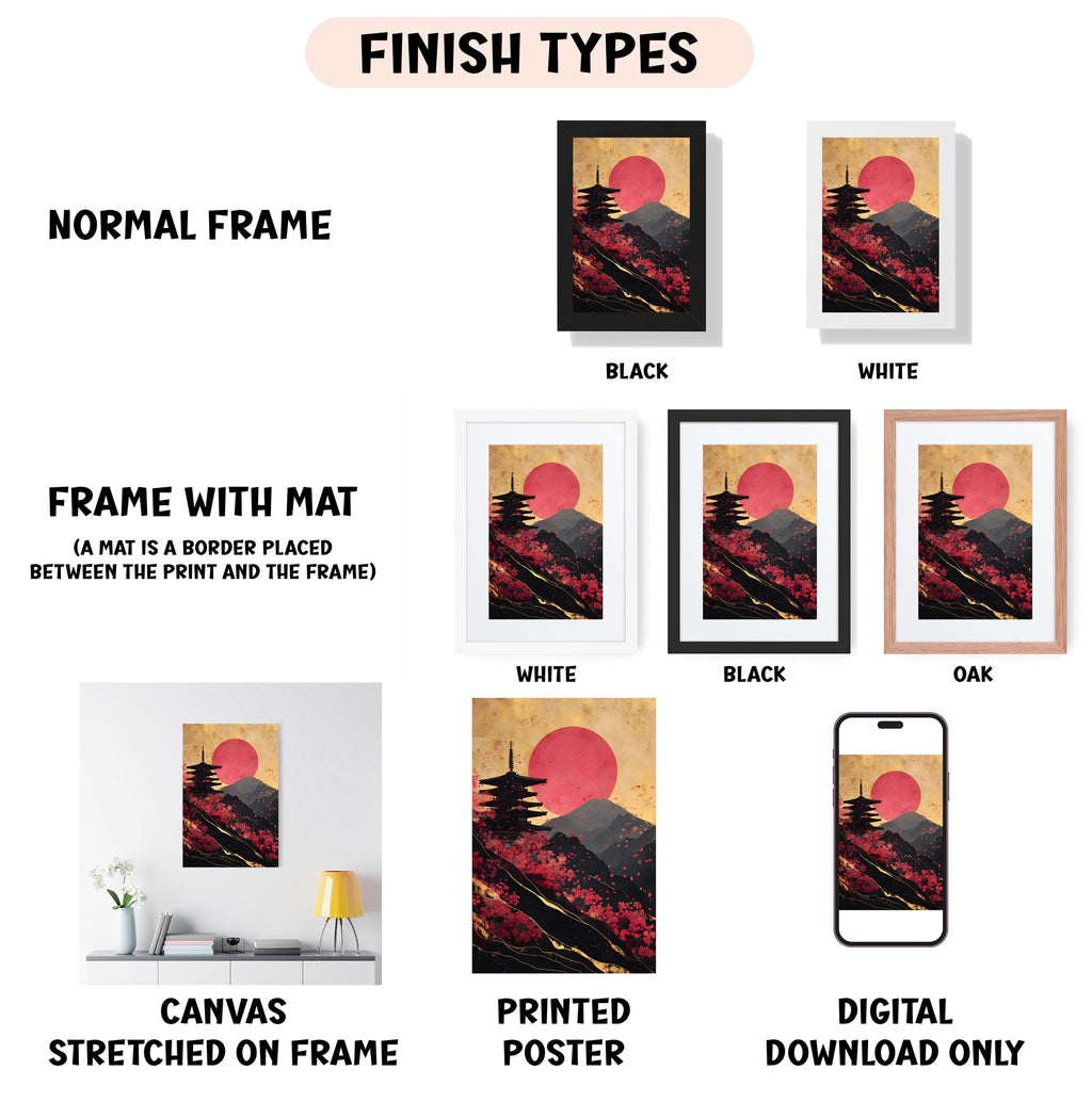 various types of artwork, including a normal frame, a frame with a mat, a white frame, a black frame, an oak frame, a white canvas stretched on a frame, a printed poster, and a digital download only.
