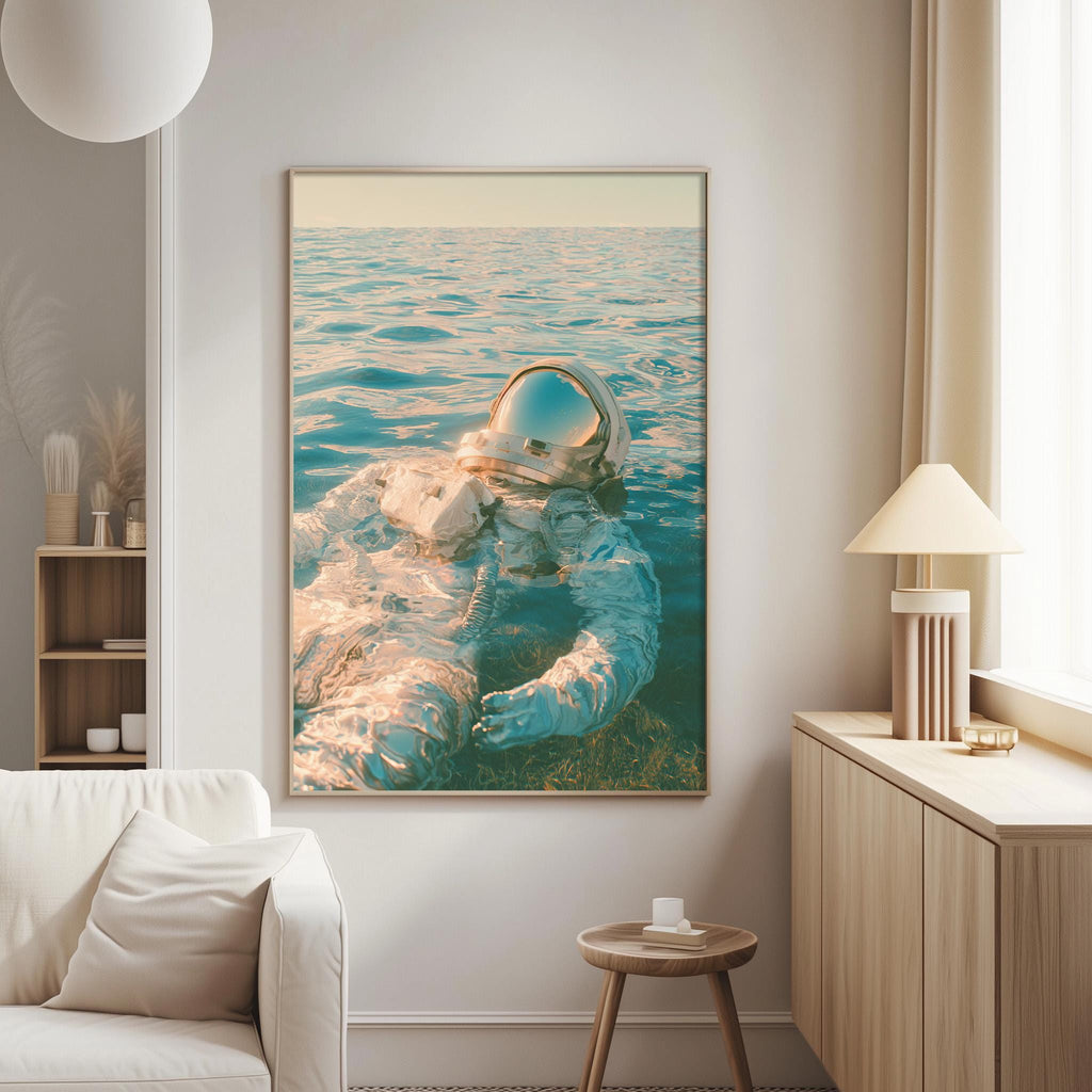a person wearing a spacesuit, floating in a body of water, with a serene and peaceful atmosphere.