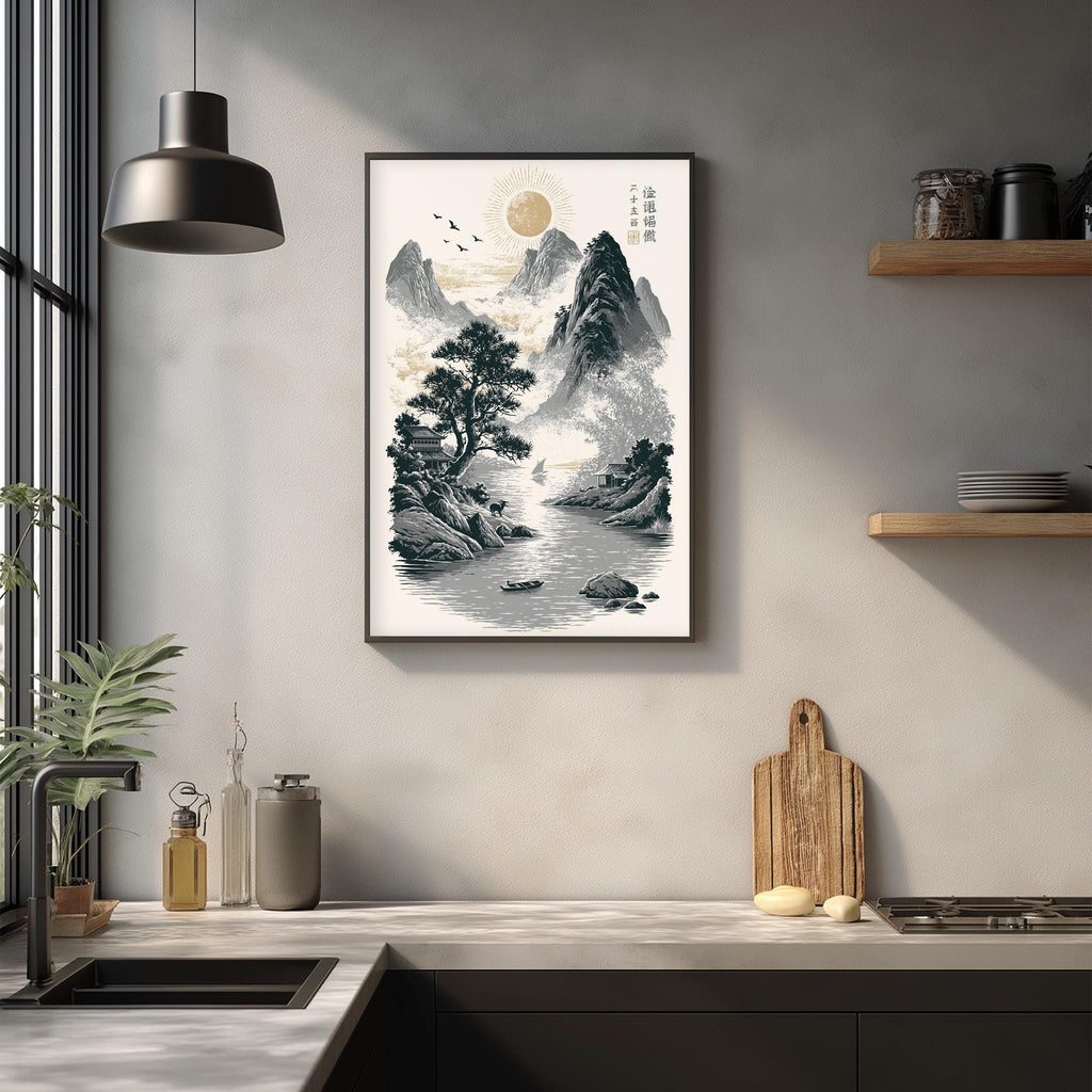 a kitchen counter with various items such as a cutting board, a plant, and a bottle. Above the counter, there is a framed artwork depicting a serene landscape with mountains, a river, and a sun.