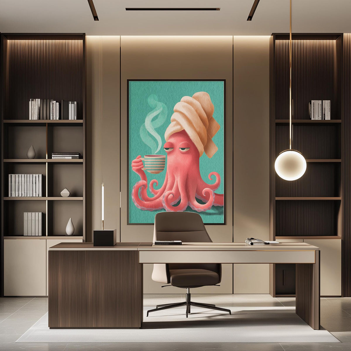 a modern office space with a large framed artwork of a pink octopus holding a cup of coffee on the wall. The office has a wooden desk, a chair, and a bookshelf filled with books.