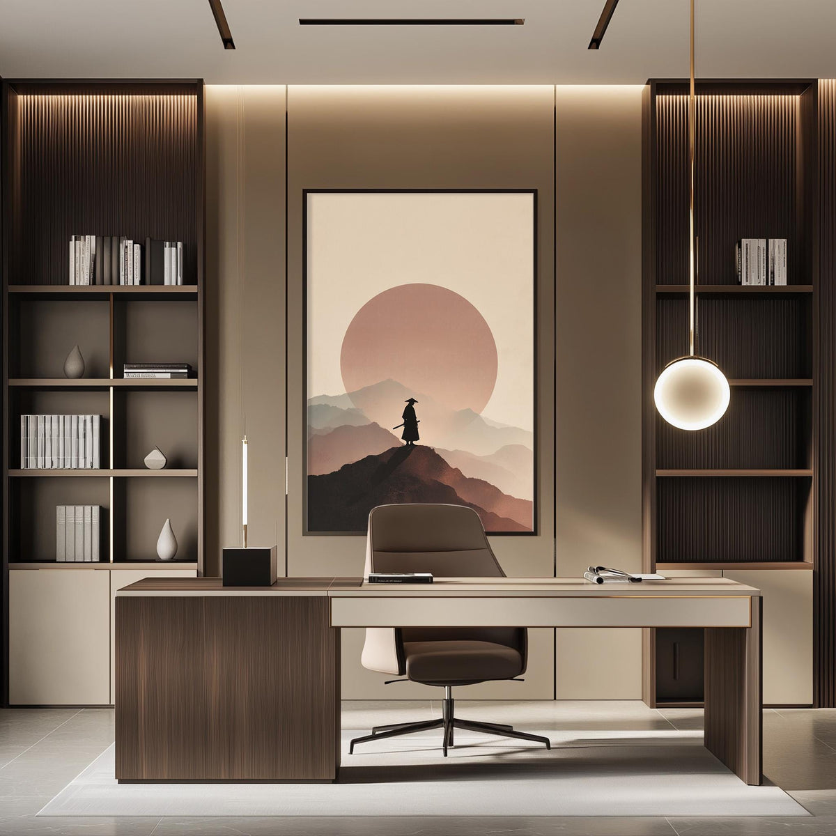 a modern and minimalist office space with a large wooden desk, a comfortable chair, and a framed landscape painting on the wall.