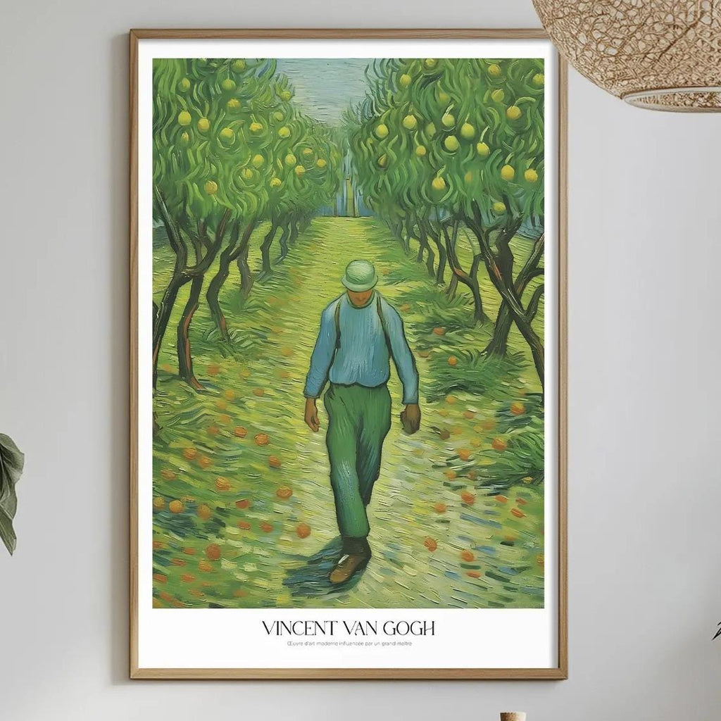 a framed painting of a man walking through a lush, green landscape, with a bottle of wine and other decorative items on a table in the foreground.
