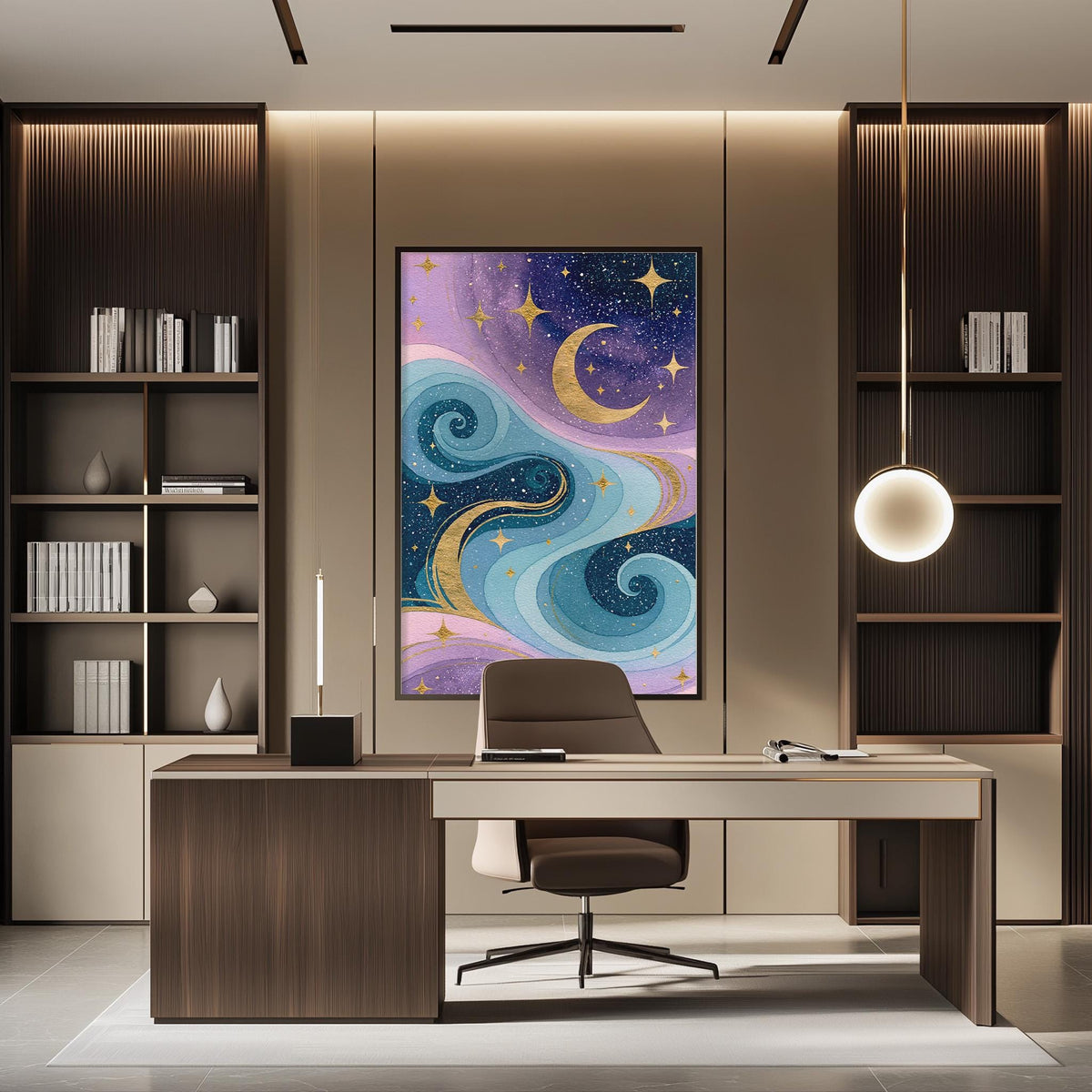 a modern and stylish office space with a large abstract painting of a starry night sky on the wall, a wooden desk with a chair, and built-in bookshelves.