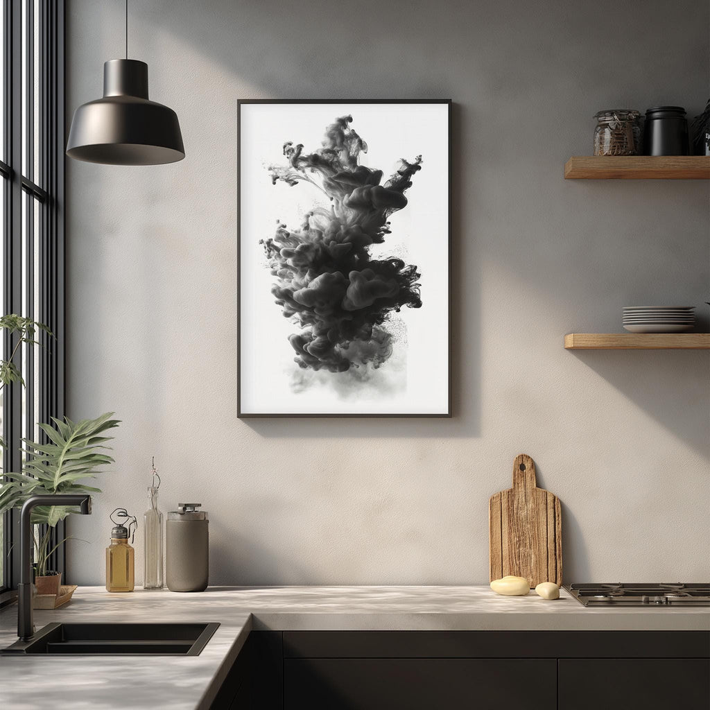 a modern kitchen with a large black and white abstract painting hanging on the wall above a wooden cutting board and other kitchen items.