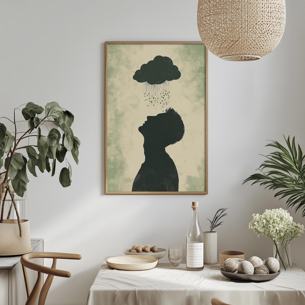 a dining table with a white tablecloth, a bowl of fruit, a bottle, and a vase with flowers. Above the table, there is a framed picture of a person with a cloud above their head.