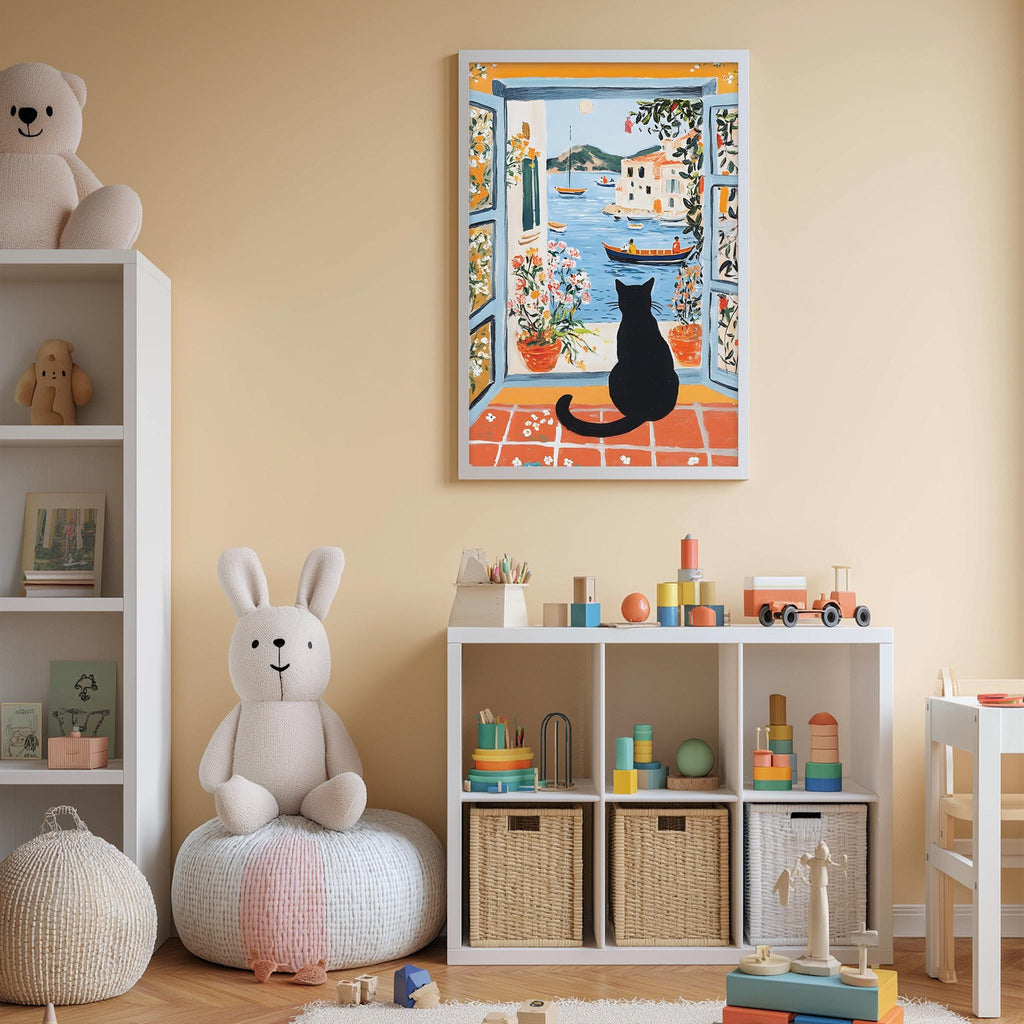 A cozy children's room with a large painting of a cat looking out a window, a stuffed rabbit, a bookshelf, and a toy chest filled with toys.