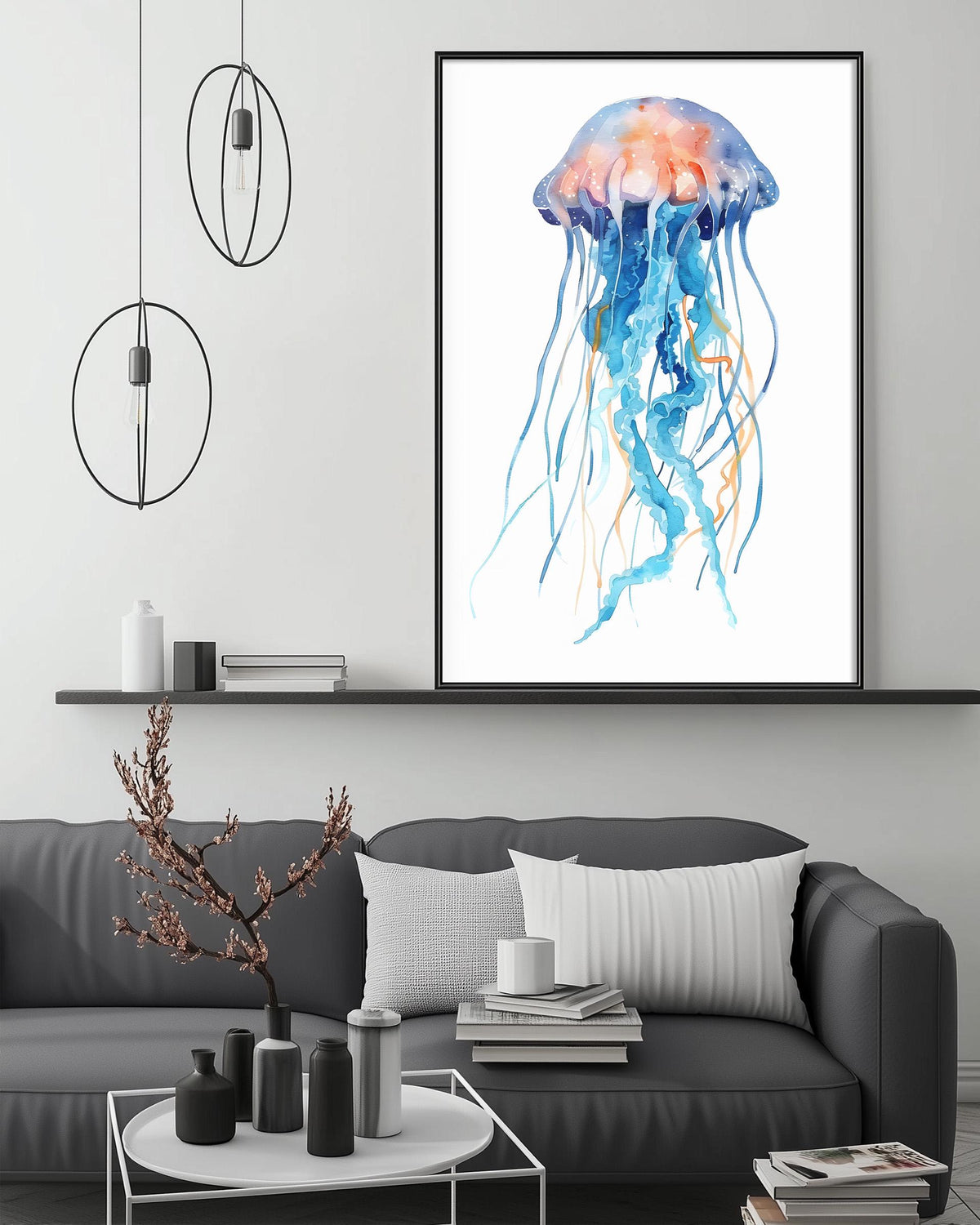 a modern living room with a gray sofa, a coffee table, and a large framed watercolor painting of a jellyfish hanging on the wall above the sofa.