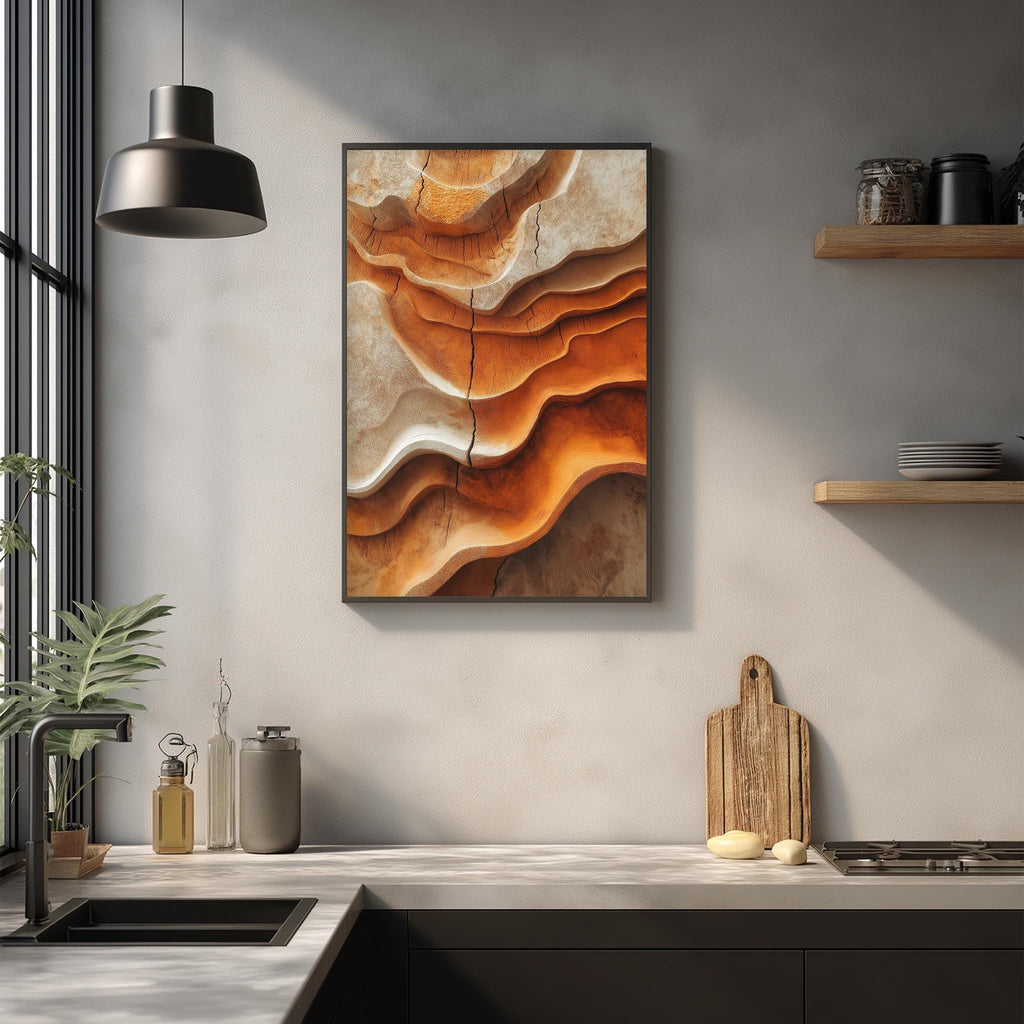 a modern kitchen with a large abstract painting hanging on the wall above a wooden cutting board and other kitchen items.