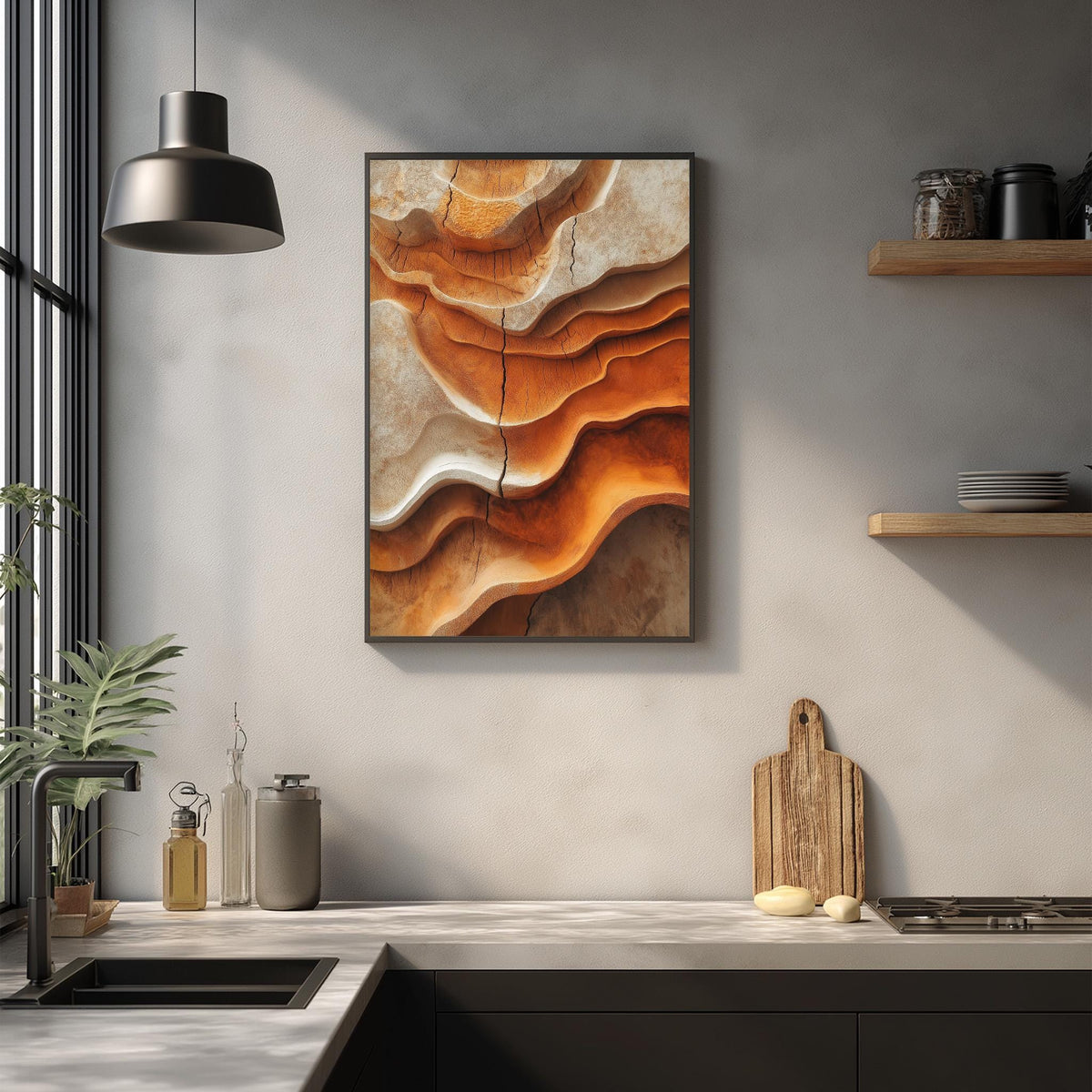 a modern kitchen with a large abstract painting hanging on the wall above a wooden cutting board and other kitchen items.