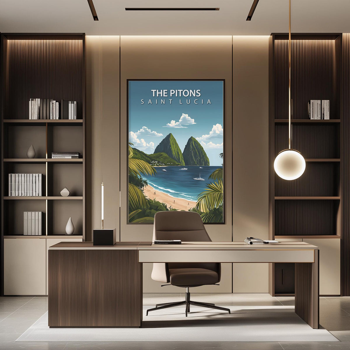 a modern office space with a large framed poster of a tropical island landscape hanging on the wall. The poster displays a beach scene with palm trees and mountains, creating a serene and relaxing atmosphere. The office has a wooden desk and chair, and a pendant light hangs above the desk, providing illumination. The overall design of the space is contemporary and visually appealing.