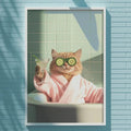 A cat wearing a pink bathrobe and green eye glasses is sitting in a bathtub, with a framed image of the cat displayed on a blue wall.