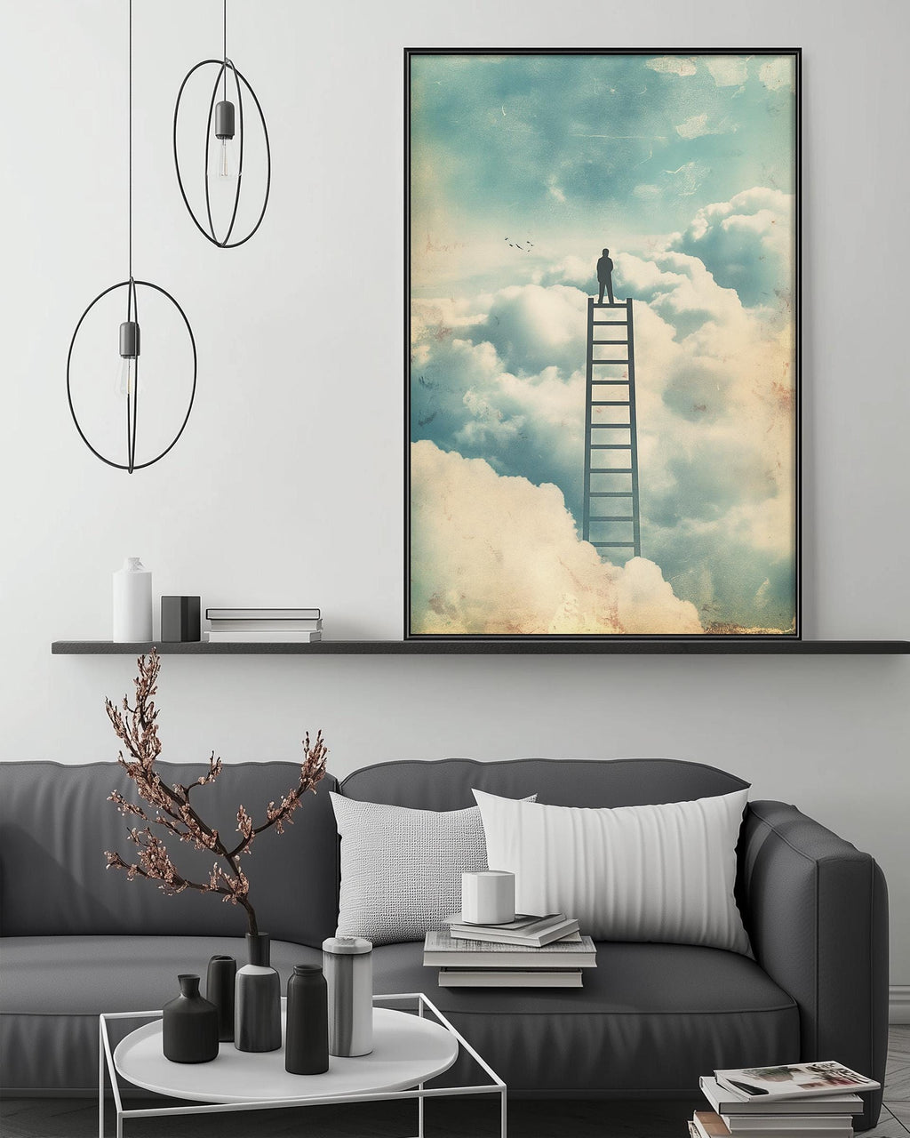 a person standing on a ladder, reaching towards the sky, with a serene and dreamlike scene of clouds and a blue sky above.