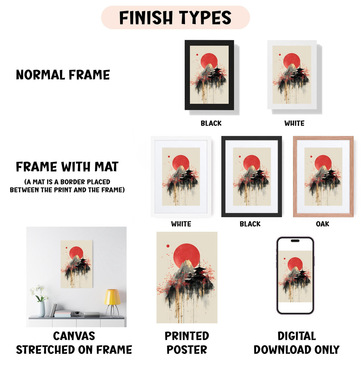 various types of artwork, including a canvas stretched on a frame, a framed poster, and a digital poster. The artwork features different finishes, such as normal frame, black, white, black, and oak frames. The image also includes a smartphone displaying a poster, and a printed poster. The text in the image provides information about the artwork, such as the finish types and the materials used.