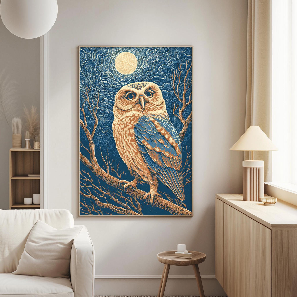 a large painting of an owl perched on a branch, set against a night sky background with a full moon. The painting is hung on a wall in a living room setting, with a white couch and a small table nearby.