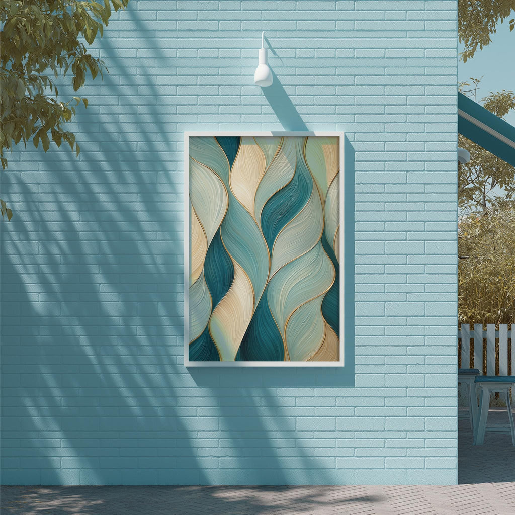 a blue brick wall with a framed abstract painting hanging on it. The painting has a vibrant design with swirling lines and shades of blue and green. The wall is situated next to a wooden deck and a tree, creating a serene and inviting outdoor setting.