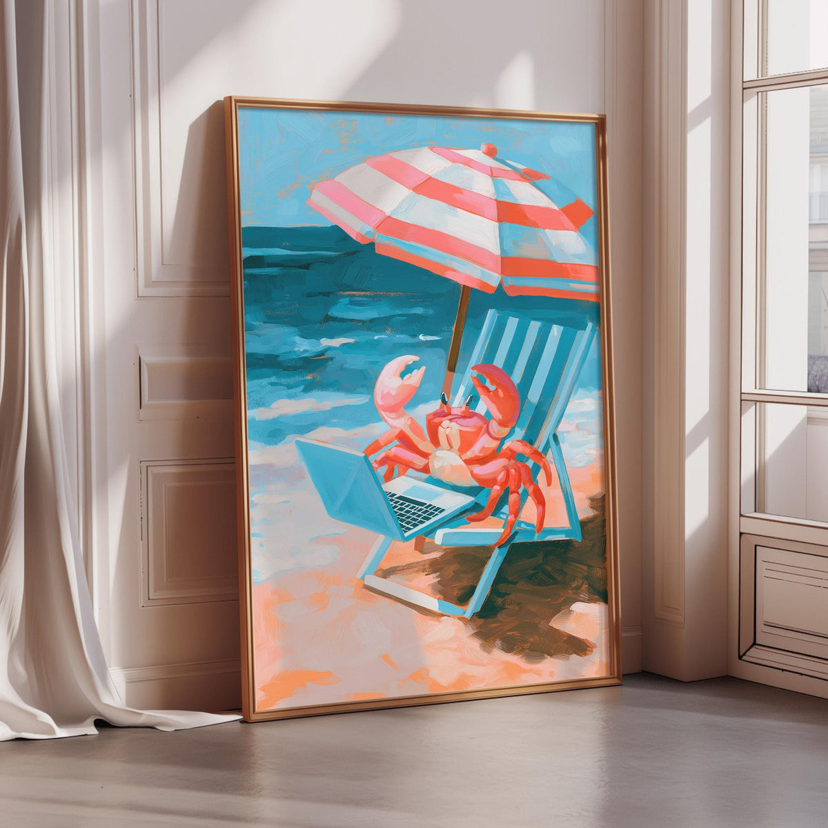 A framed painting depicting a crab sitting in a beach chair under an umbrella, with a laptop on the chair's surface.