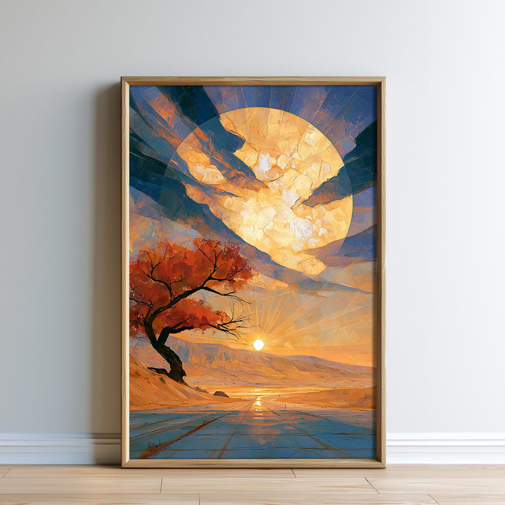 The image is a framed painting depicting a serene landscape with a tree, a body of water, and a large, glowing moon in the sky.