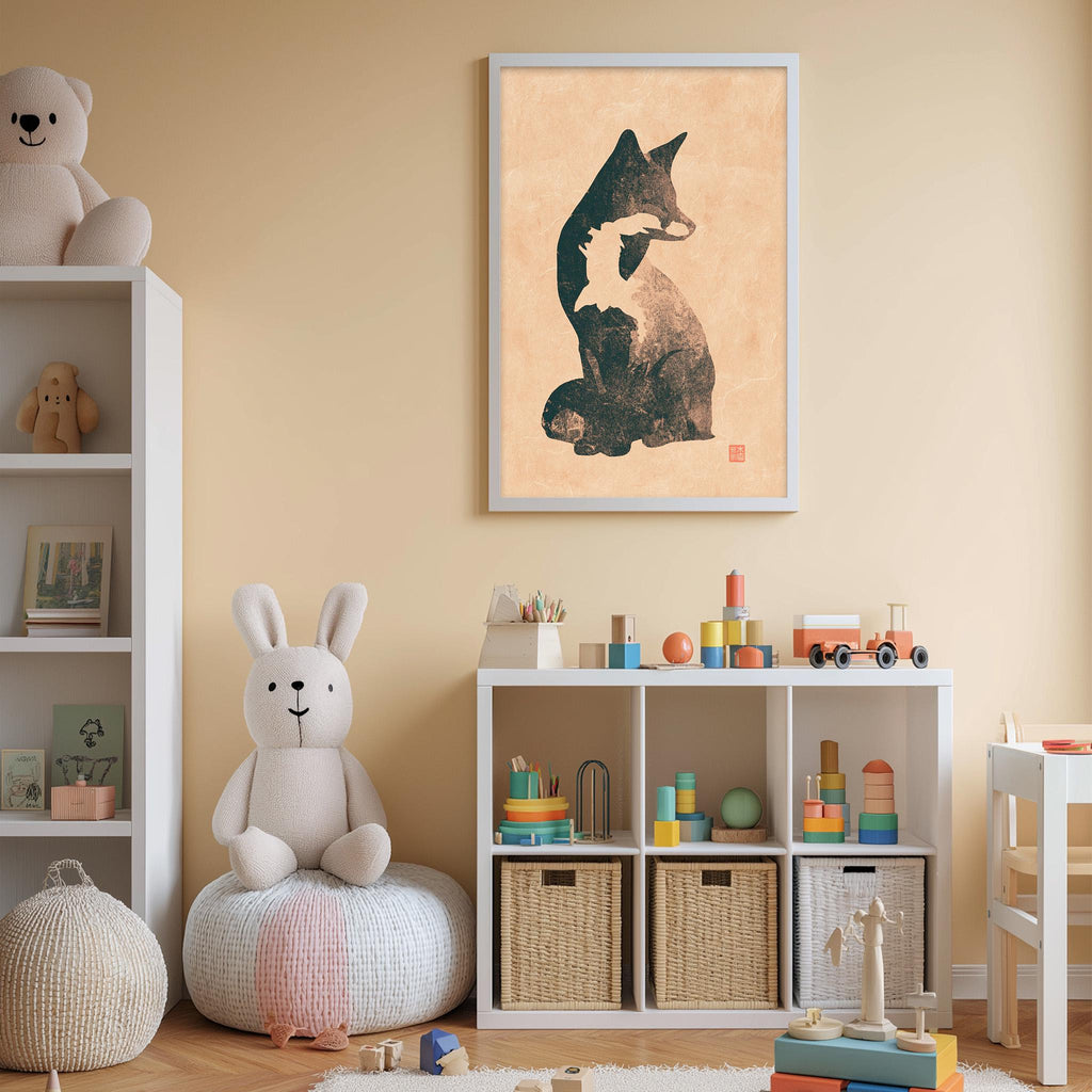 A cozy children's room with a white bookshelf, a plush rabbit, and a framed artwork of a cat. The room also contains various toys and storage bins, creating a warm and inviting atmosphere.