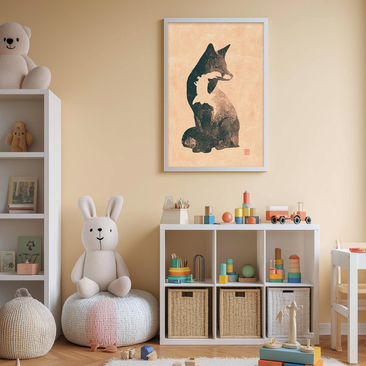 A cozy children's room with a white bookshelf, a plush rabbit, and a framed artwork of a cat. The room also contains various toys and storage bins, creating a warm and inviting atmosphere.