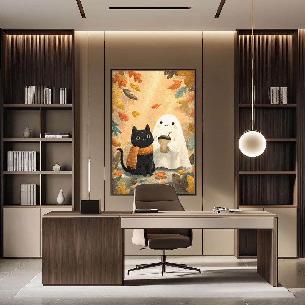 a modern office space with a large painting of a cat and a ghost on the wall, a desk with a chair, and a bookshelf filled with books.