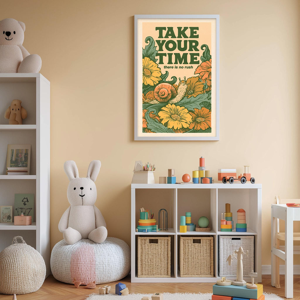 A child's bedroom with a white bookshelf, a stuffed rabbit, and a colorful poster on the wall. The poster has the text "TAKE YOUR TIME" and an illustration of flowers and leaves.