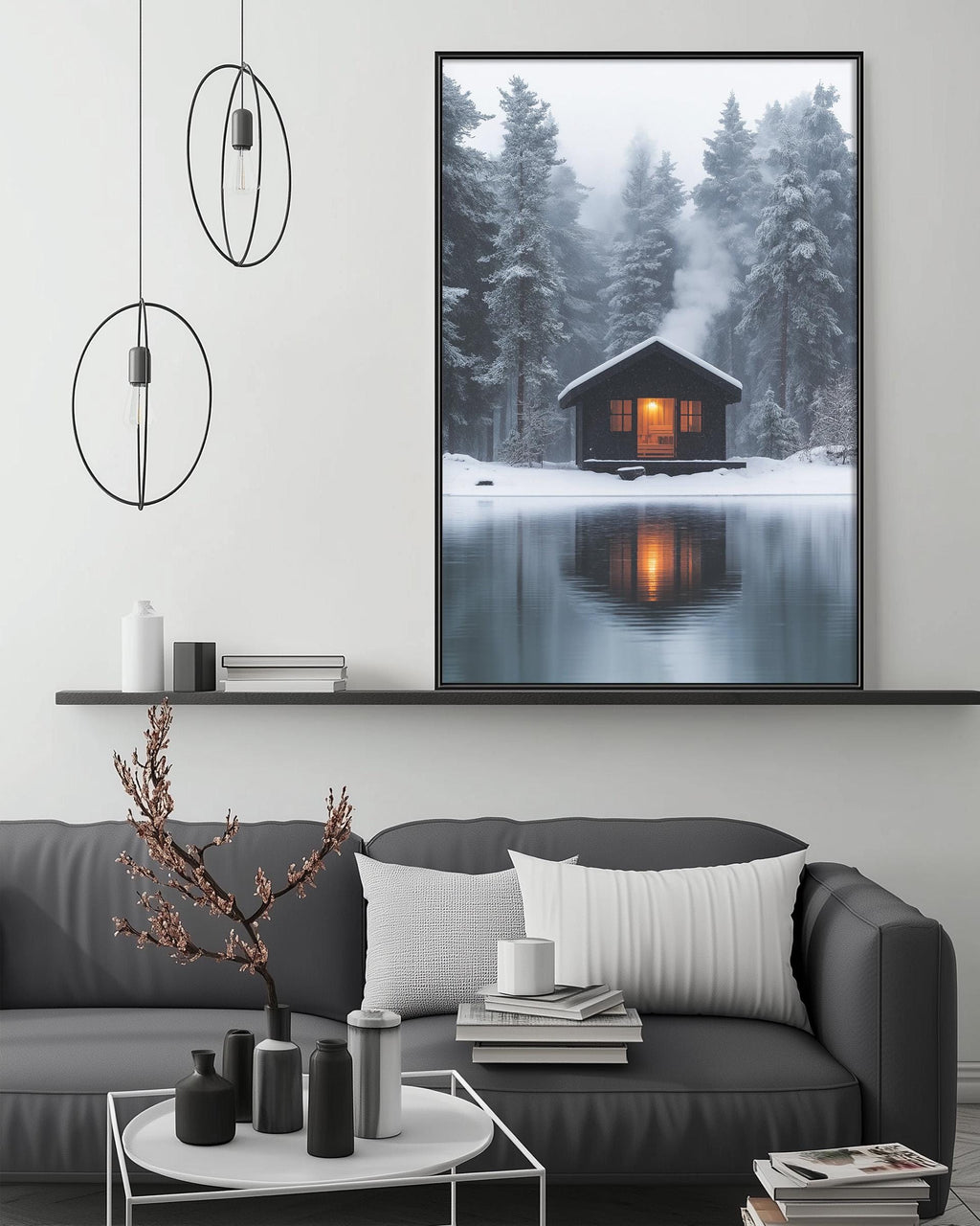 a cozy cabin nestled in a snowy forest, with a warm glow from the cabin's windows reflecting on the still water surface. The cabin is surrounded by snow-covered trees, creating a serene and tranquil atmosphere. The cabin is the focal point of the image, drawing the viewer's attention to its peaceful setting.