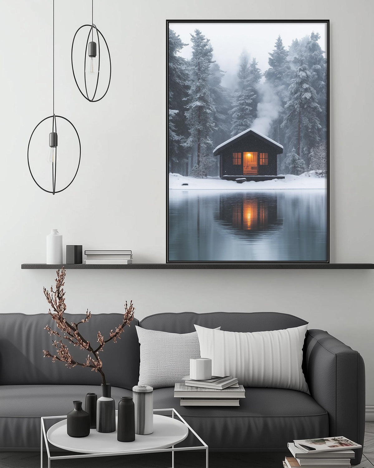 a cozy cabin nestled in a snowy forest, with a warm glow from the cabin's windows reflecting on the still water surface. The cabin is surrounded by snow-covered trees, creating a serene and tranquil atmosphere. The cabin is the focal point of the image, drawing the viewer's attention to its peaceful setting.
