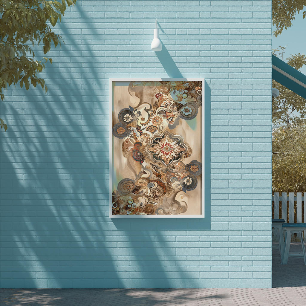a large, ornate, and colorful painting hanging on a blue wall.