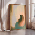 a large abstract painting with a cat silhouette in the center, placed on a wall next to a window.