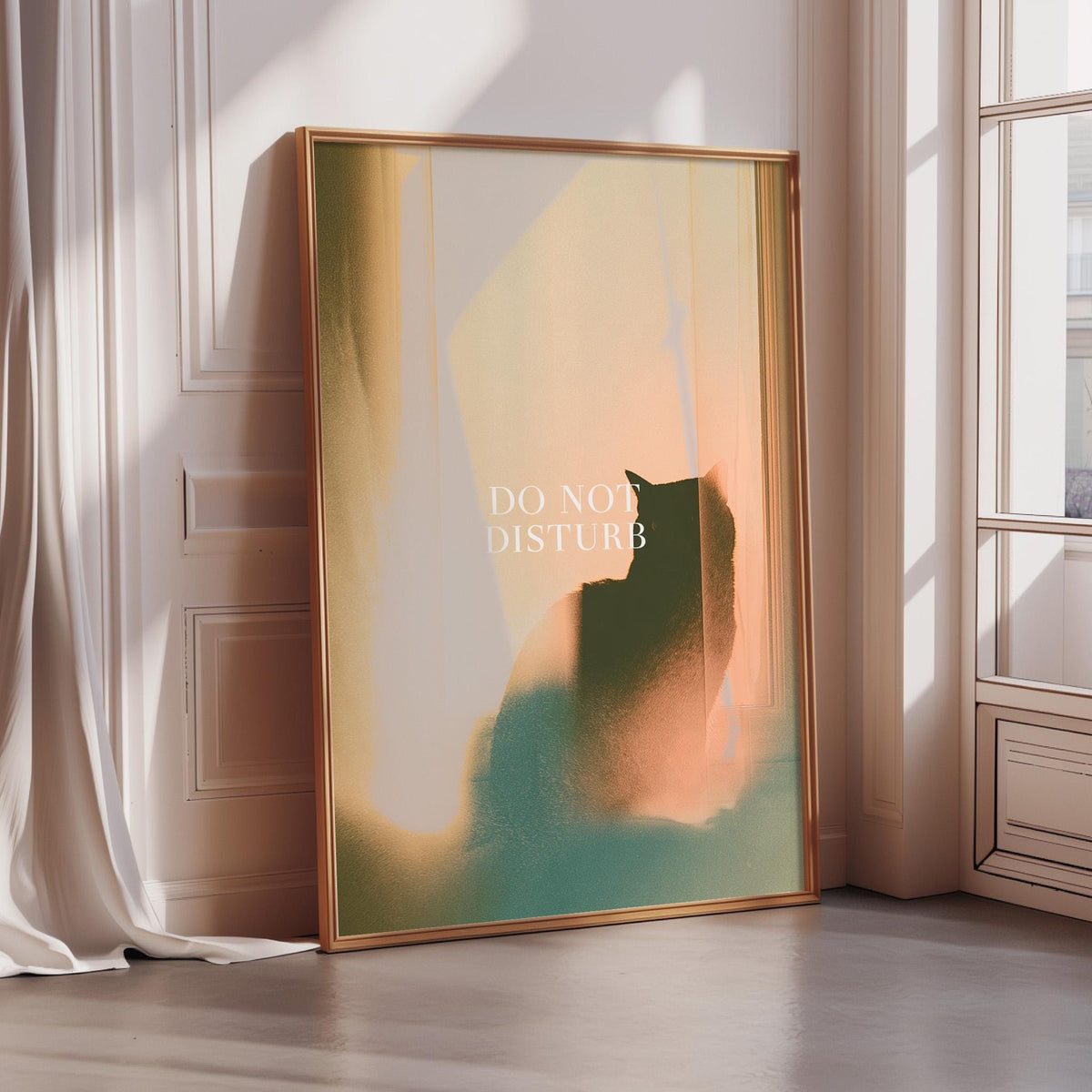 a large abstract painting with a cat silhouette in the center, placed on a wall next to a window.