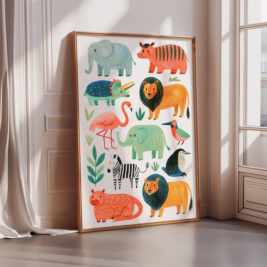 a vibrant and colorful illustration of various animals, including elephants, lions, zebras, and birds, all depicted in a playful and whimsical style.