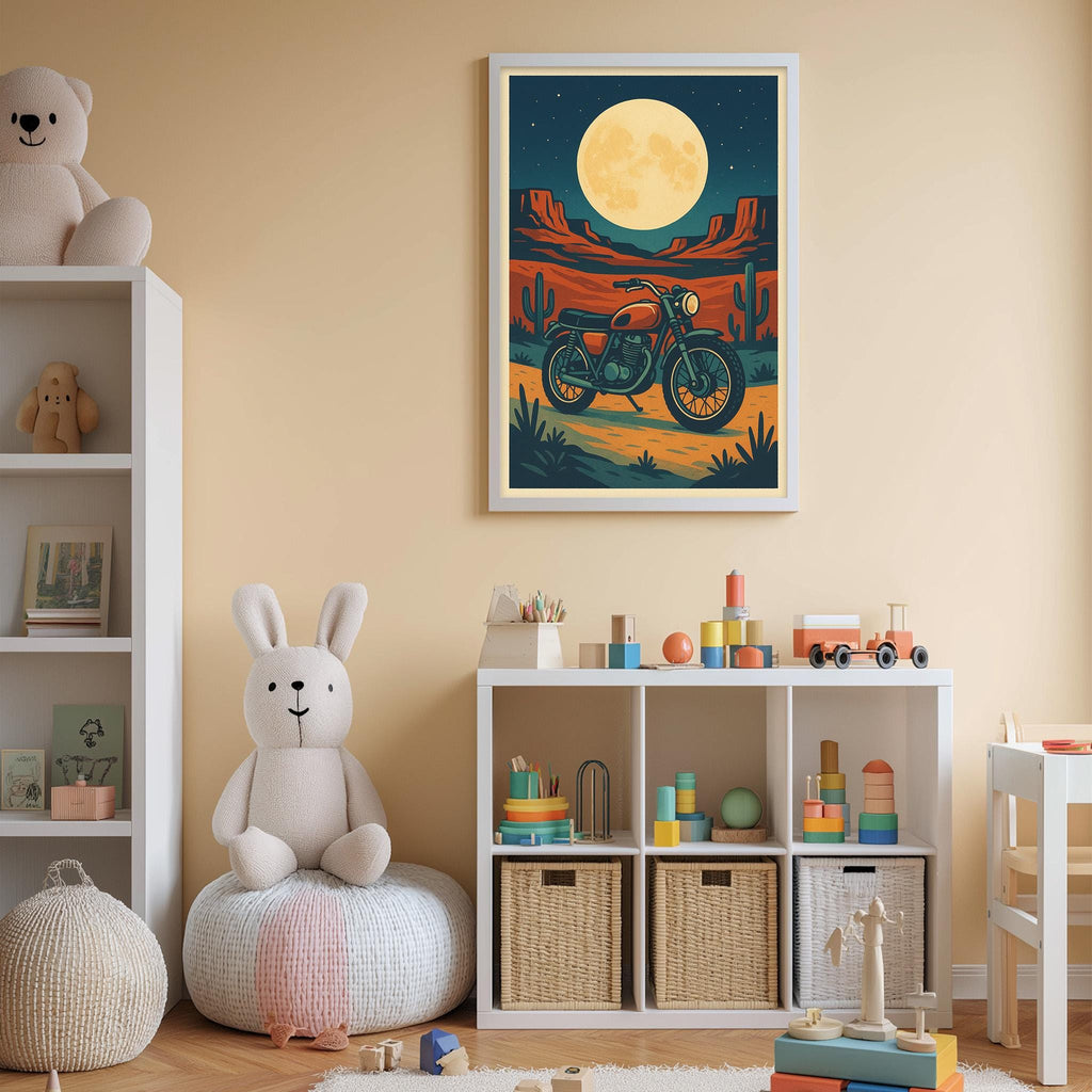 A cozy children's bedroom with a large poster of a motorcycle on the wall, a stuffed rabbit, a bookshelf filled with toys, and a colorful rug on the floor.
