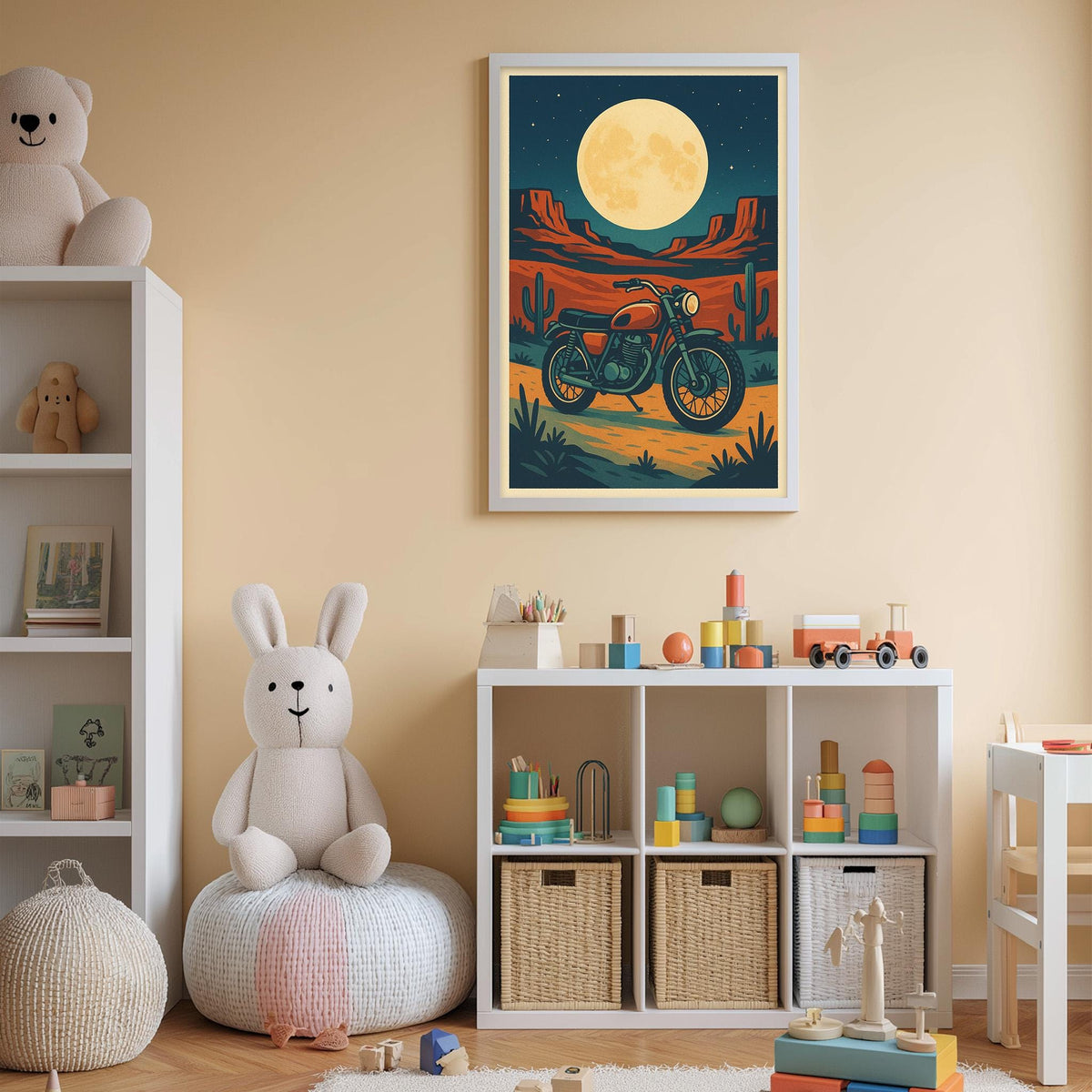 A cozy children's bedroom with a large poster of a motorcycle on the wall, a stuffed rabbit, a bookshelf filled with toys, and a colorful rug on the floor.