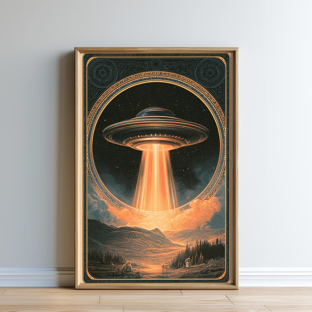 The image is a framed poster depicting an alien spacecraft hovering over a mountainous landscape, with a bright orange light emanating from the spacecraft.