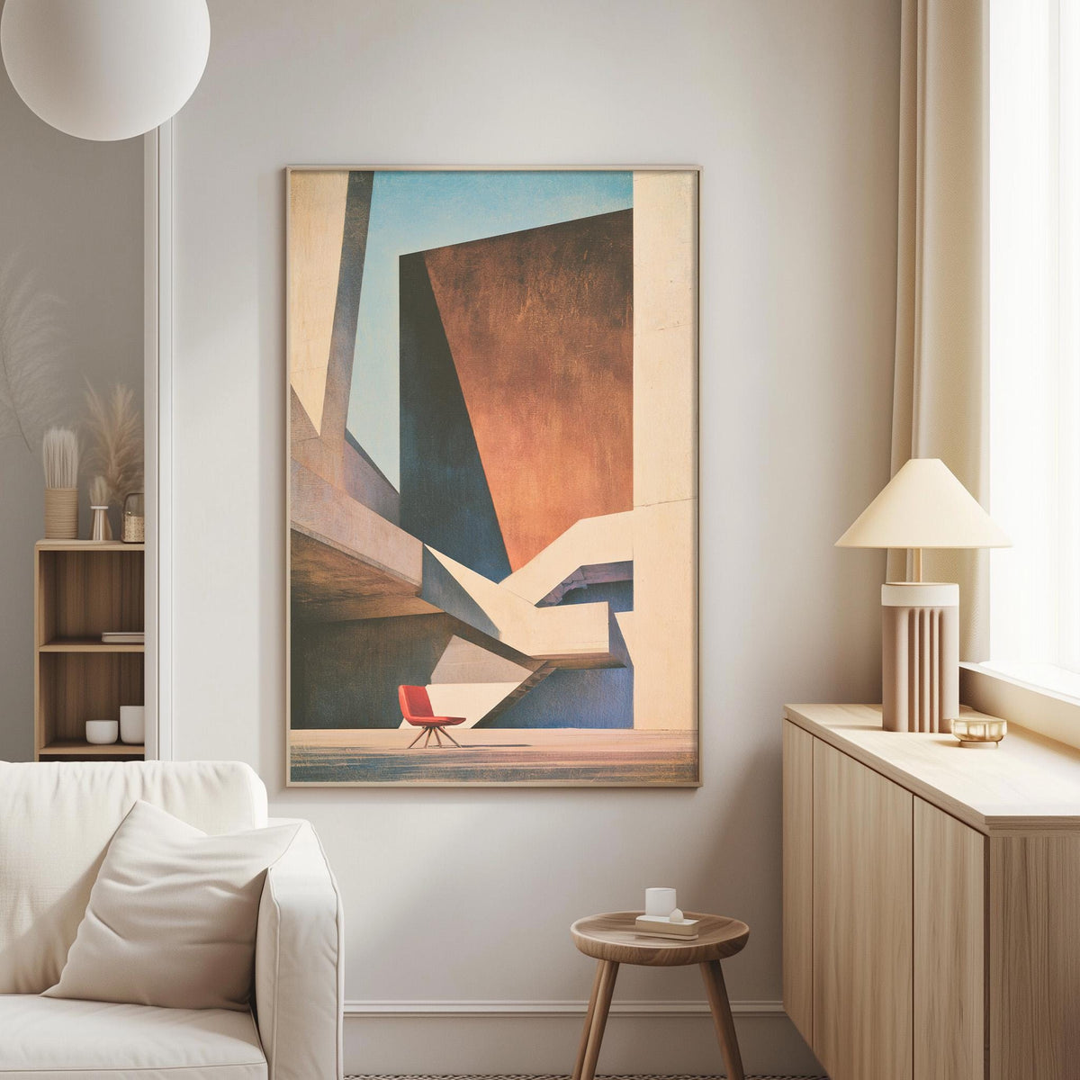 a modern living room with a large abstract painting hanging on the wall, a white sofa, a wooden side table, and a lamp on a wooden cabinet.