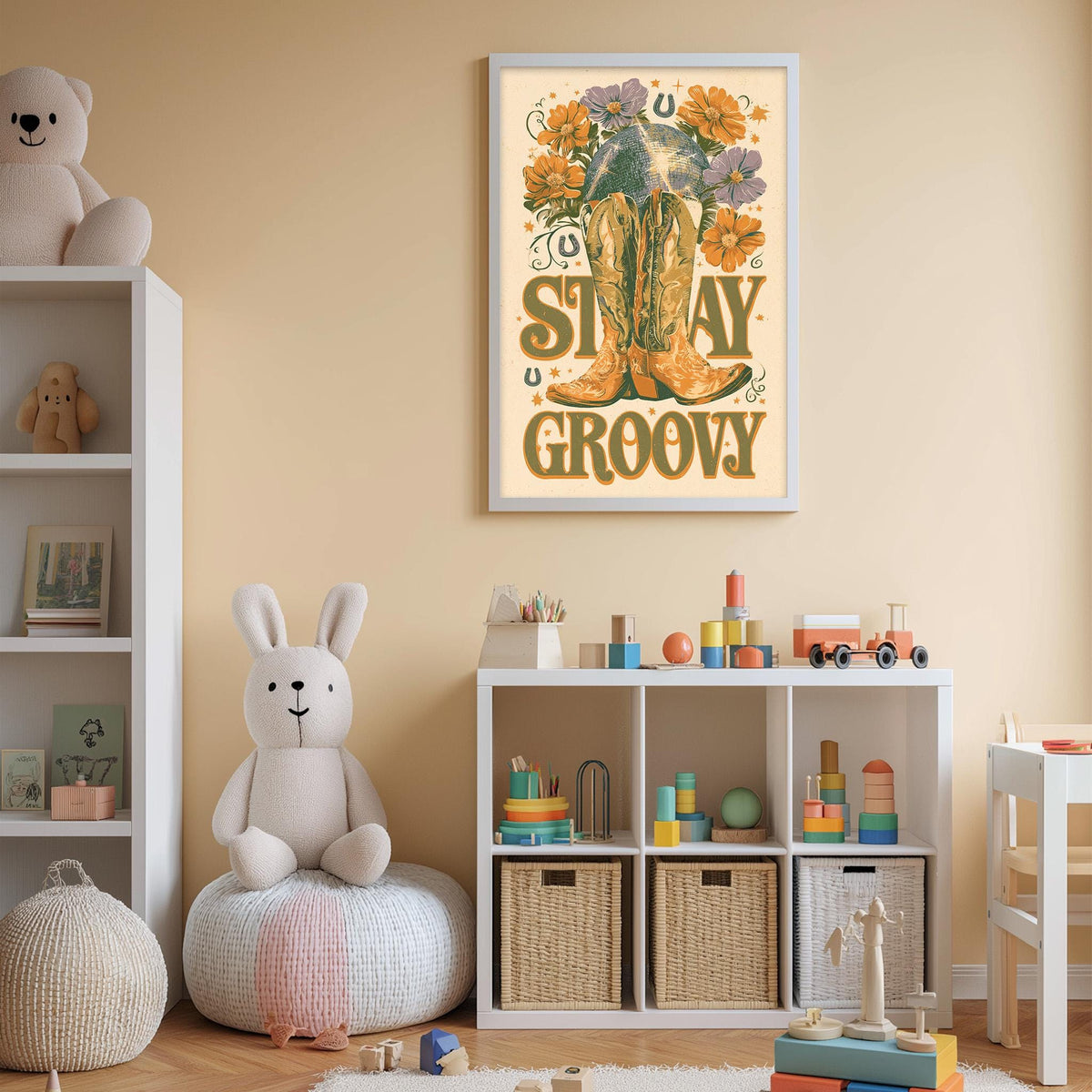 A child's bedroom with a white bookshelf, a stuffed bunny, and a colorful poster on the wall. The poster features a cowboy boot and the text "STAY GROOVY".