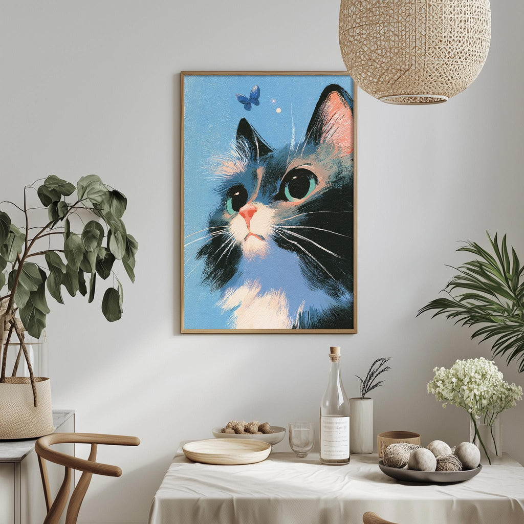 a framed painting of a cat with a blue background and a butterfly, hanging on a wall above a dining table with various decorative items and plants.