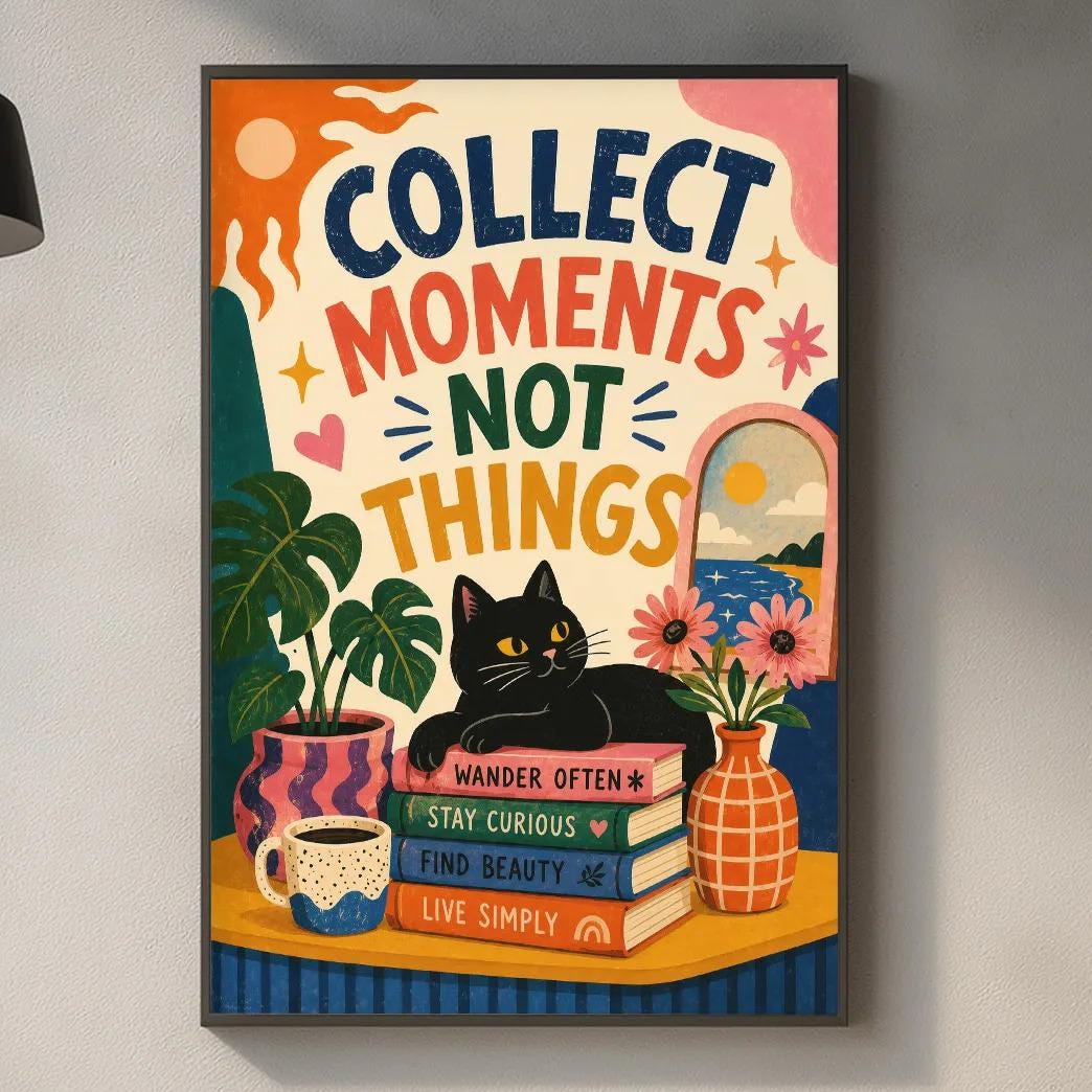 a colorful poster with the text "Collect moments, not things" hanging on a wall above a kitchen counter.