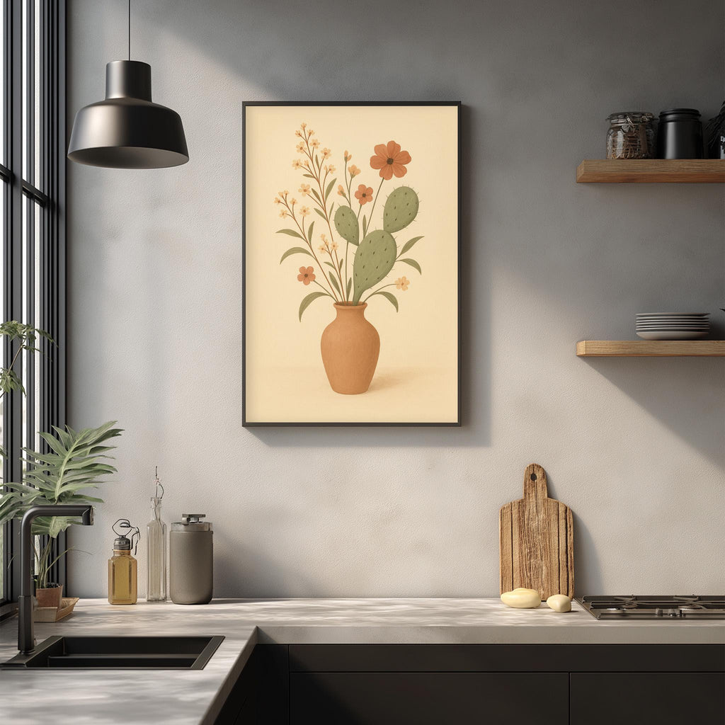 a kitchen counter with a framed print of a cactus plant in a vase, a wooden cutting board, and various kitchen items such as a bottle, a canister, and a bowl.