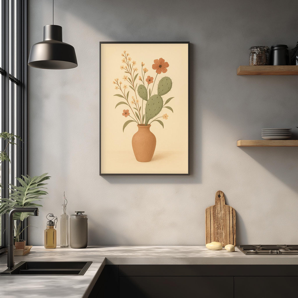 a kitchen counter with a framed print of a cactus plant in a vase, a wooden cutting board, and various kitchen items such as a bottle, a canister, and a bowl.