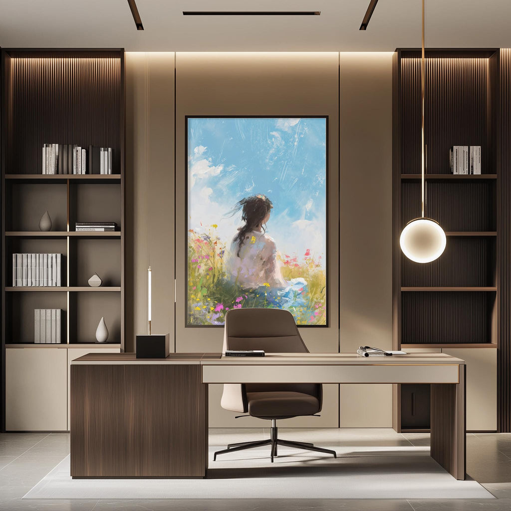 a modern office space with a large painting of a woman in a field of flowers hanging on the wall. The office has a wooden desk, a comfortable-looking chair, and a bookshelf filled with books. The overall design and decor create a serene and inspiring atmosphere.