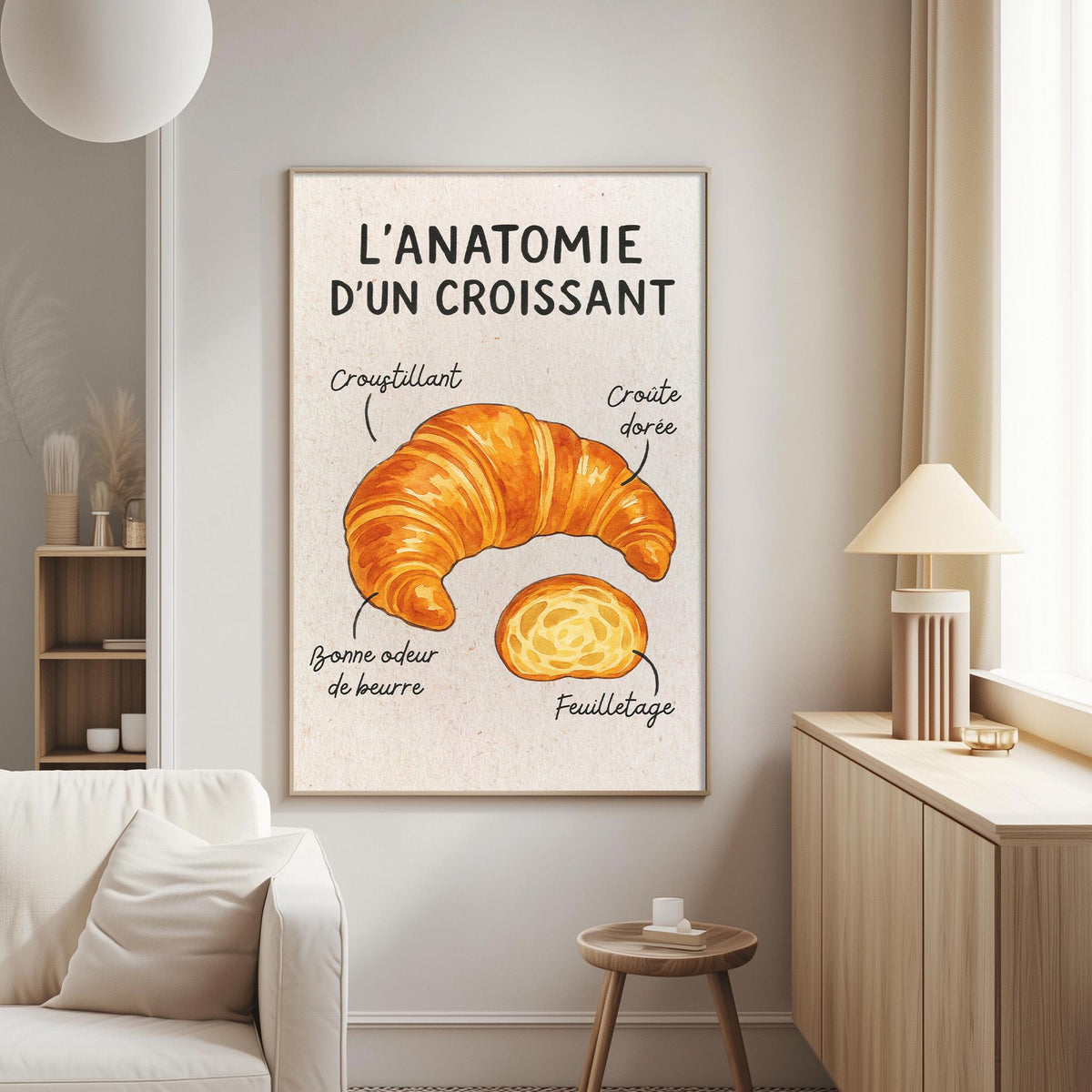 a poster of a croissant hanging on a wall in a living room.