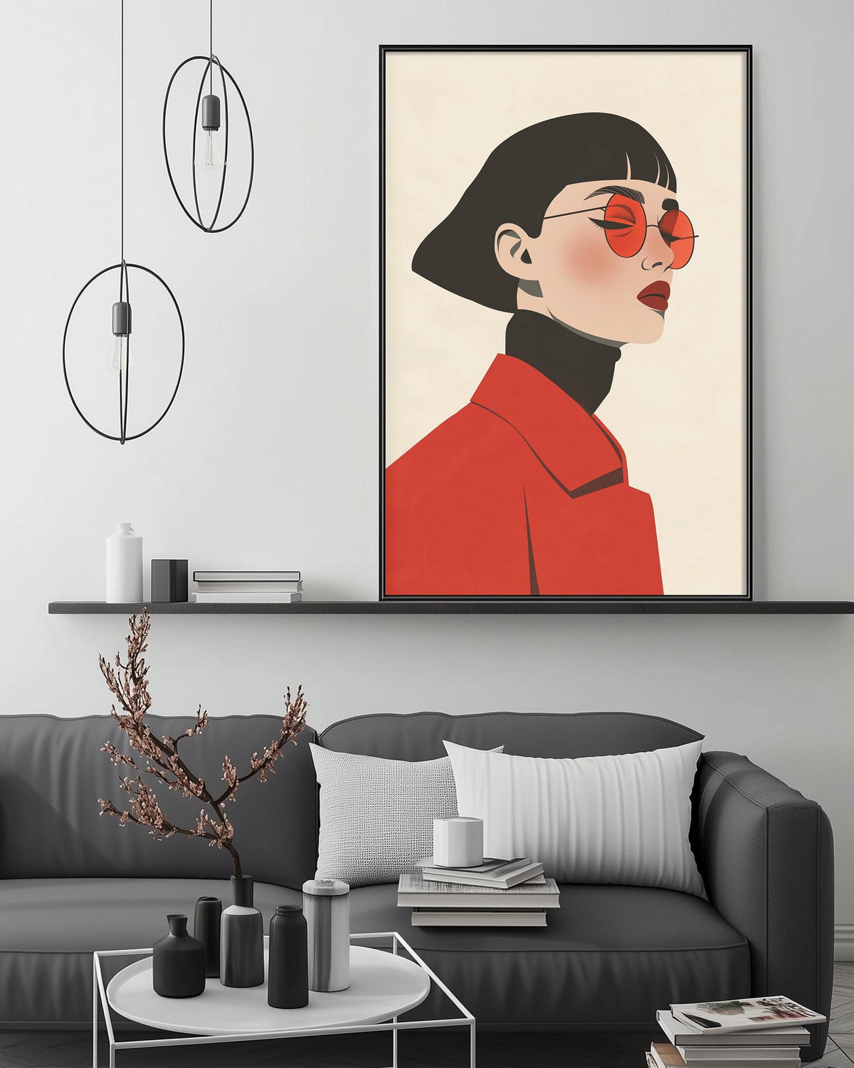 a modern living room with a gray sofa, a coffee table, and a large framed illustration of a woman wearing a red coat and sunglasses.