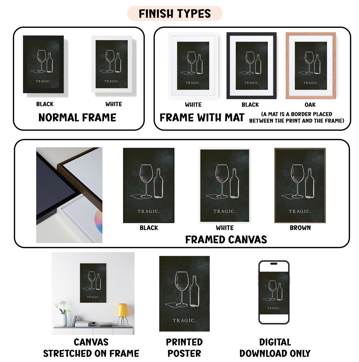 various finish types for a framed artwork, including black, white, black, oak, white, framed canvas, stretched on frame, printed poster, and digital download only.