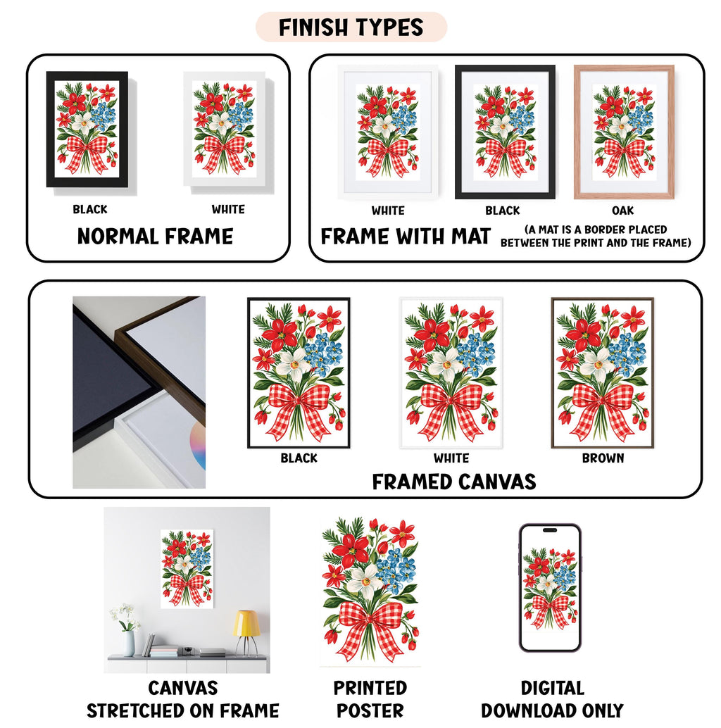 The image is a collection of different finish types for a floral print, including a black and white, white, black, oak, white, framed canvas, and a digital download only.