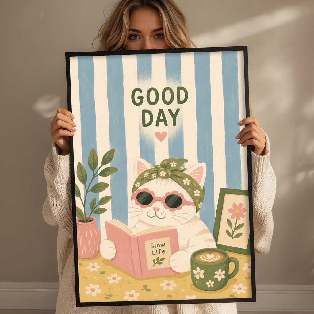 A woman holding a framed poster with a cat reading a book and the text "Good Day" on it.