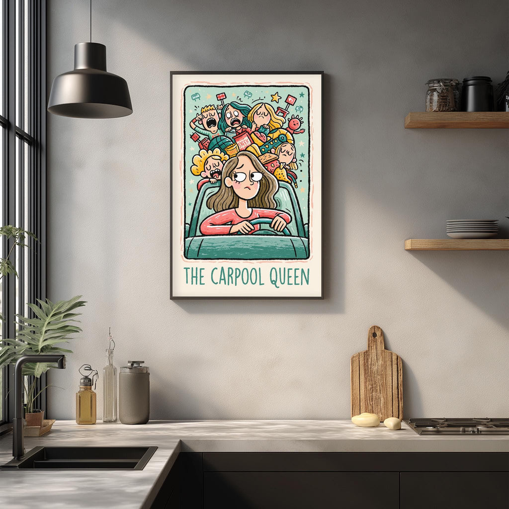 a framed illustration of a woman sitting in a car surrounded by various cartoon characters, with the text "The Carpool Queen" below the illustration.