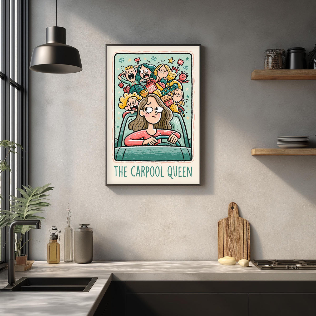 a framed illustration of a woman sitting in a car surrounded by various cartoon characters, with the text "The Carpool Queen" below the illustration.