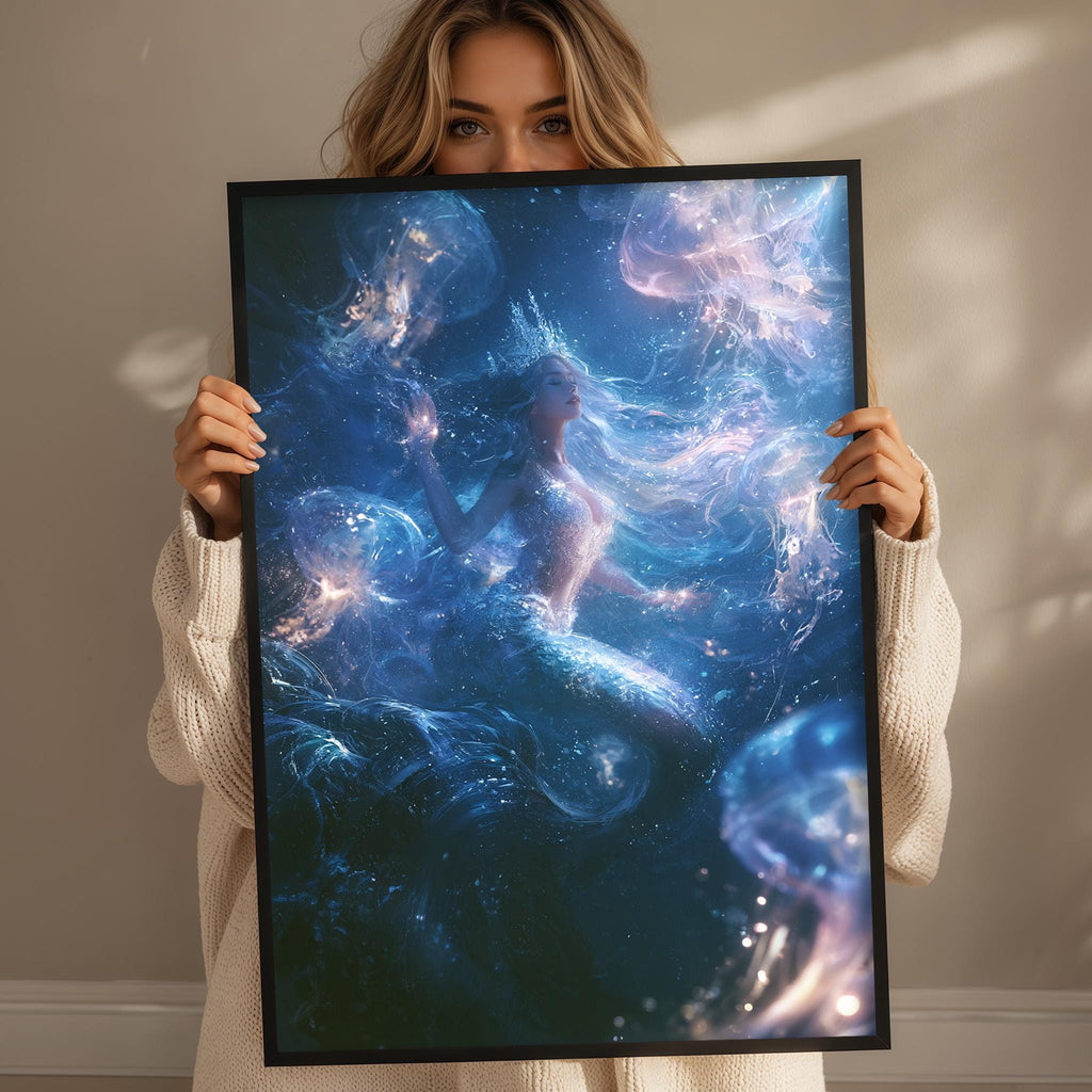 A woman holding a framed artwork depicting a mermaid with flowing hair and a radiant, ethereal appearance.
